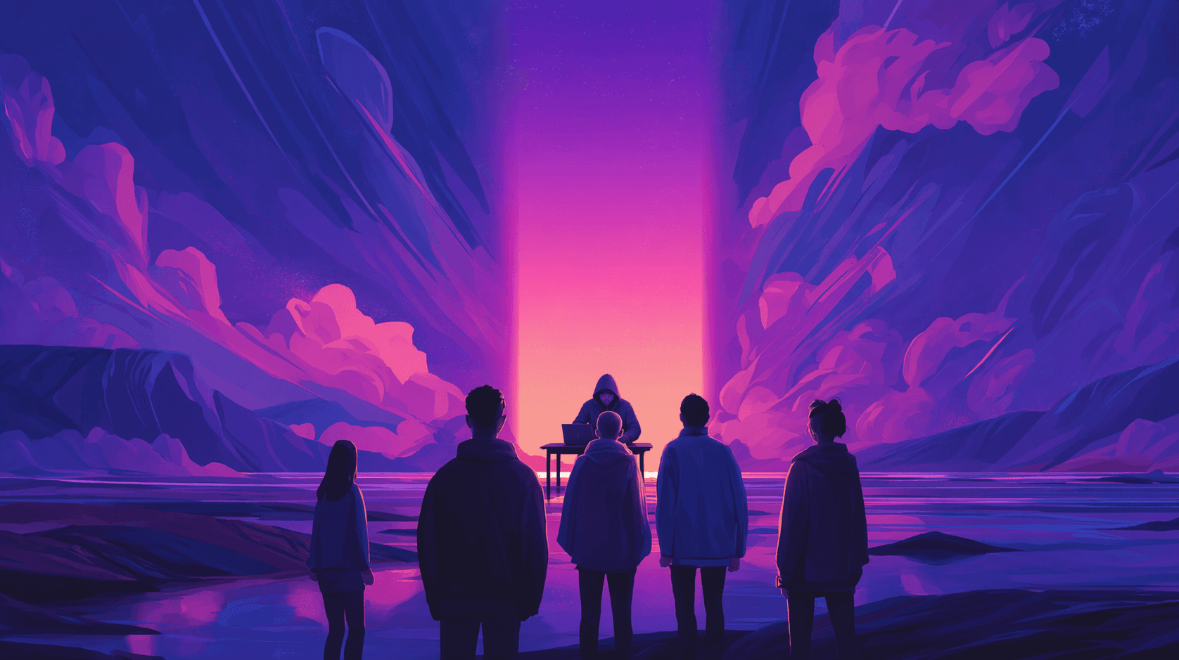 Young people looking at a portal 