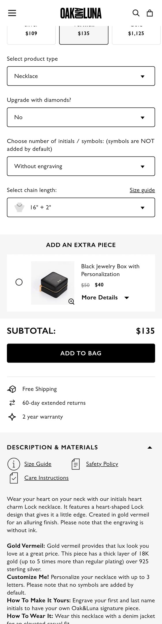 Jewelry product options include: necklace, pendant for Heart Charm Lock Necklace - Gold Vermeil from Oak & Luna.