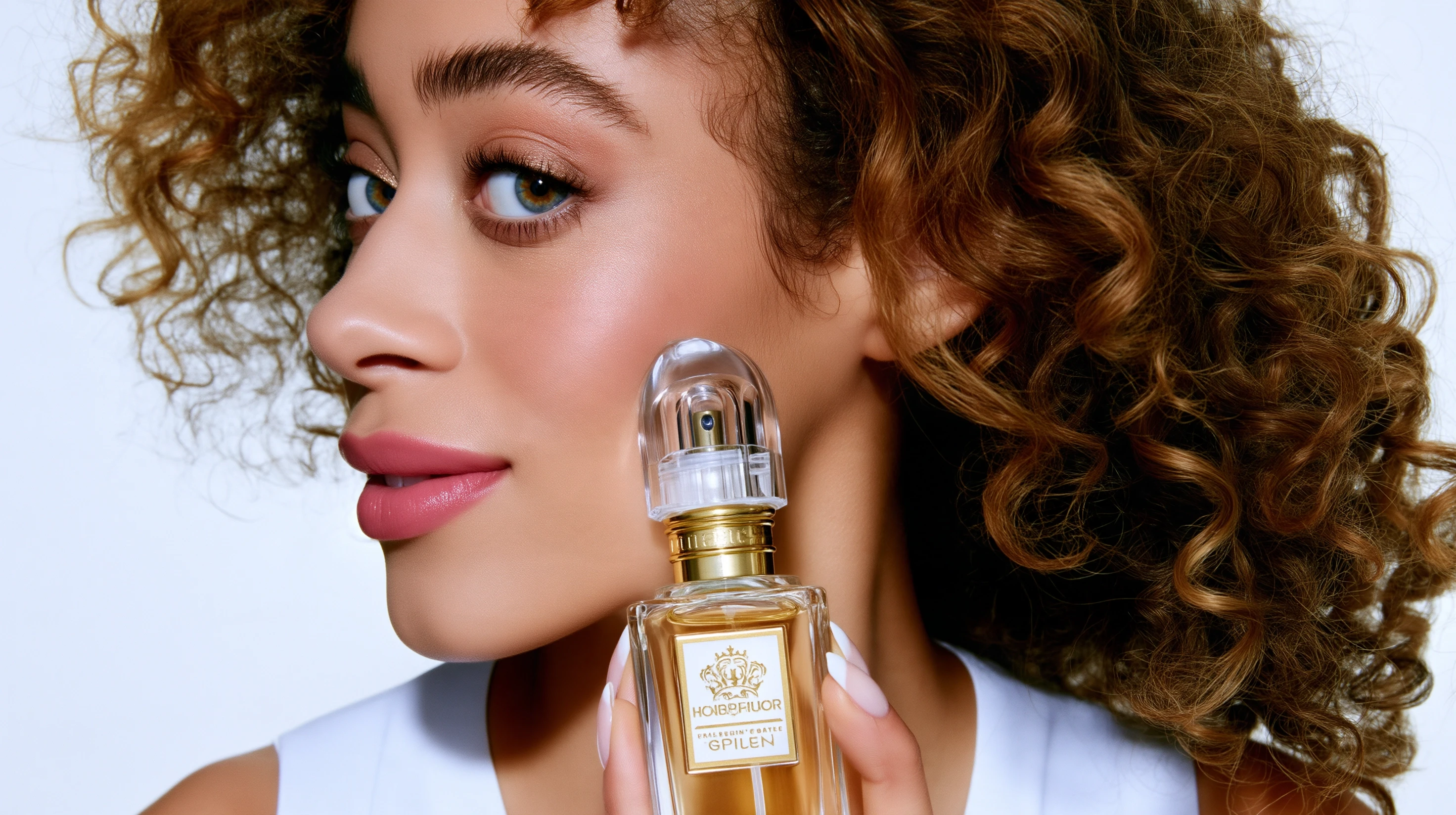 Three-quarter portrait of a curly-haired woman holding a clear perfume bottle with golden liquid below her cheek.