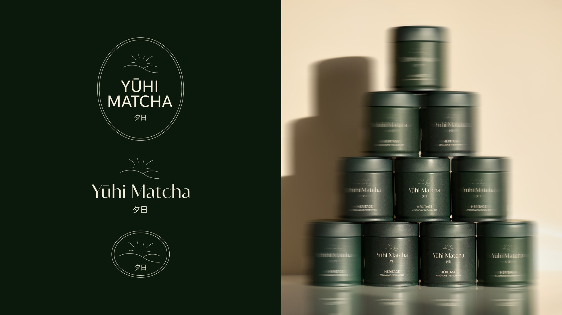 Variantes logos Yūhi Matcha + photo des canettes 30g de matcha