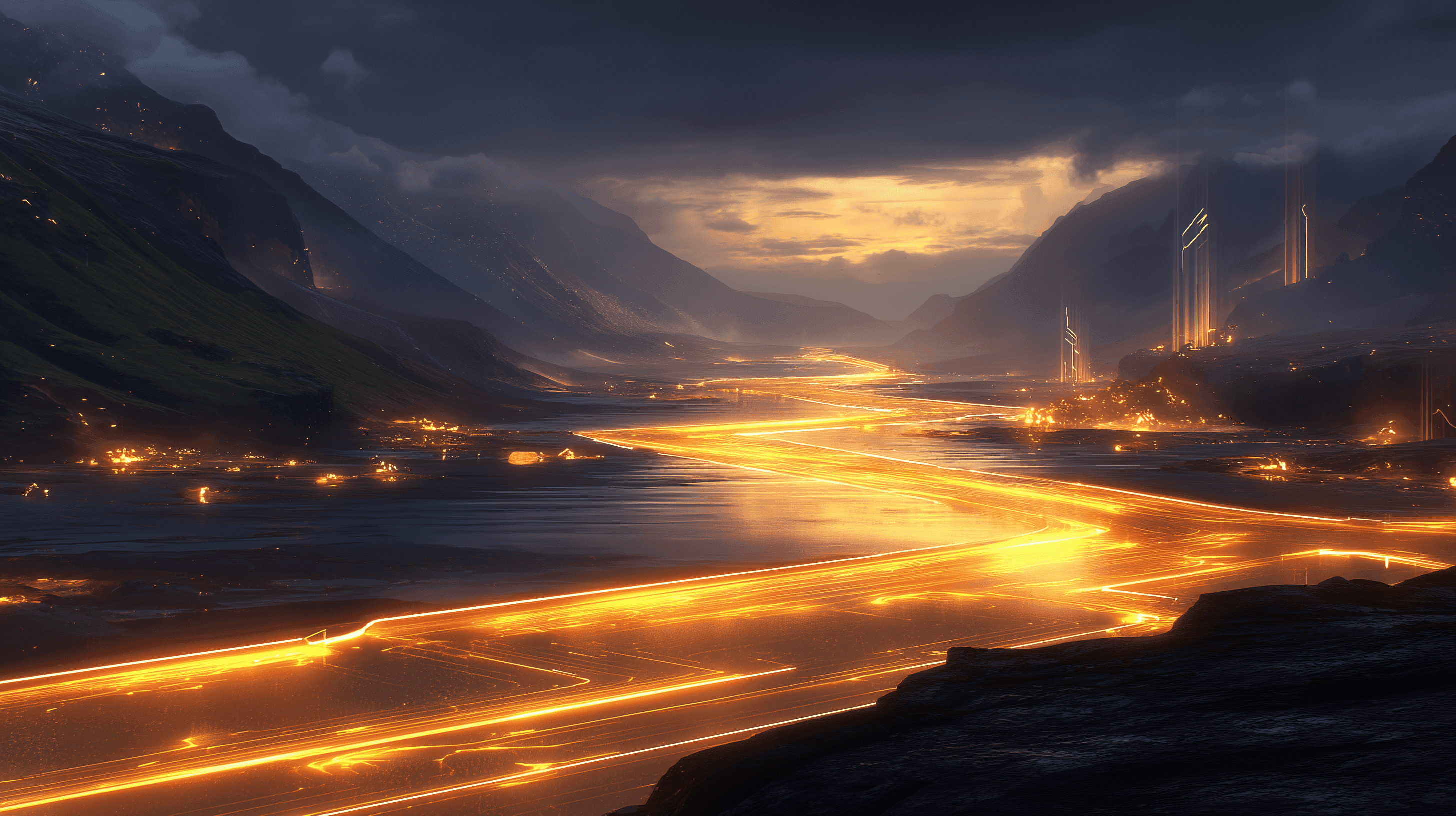 A stunning fantasy landscape features towering cliffs with ancient structures, illuminated by a warm sunset glow.