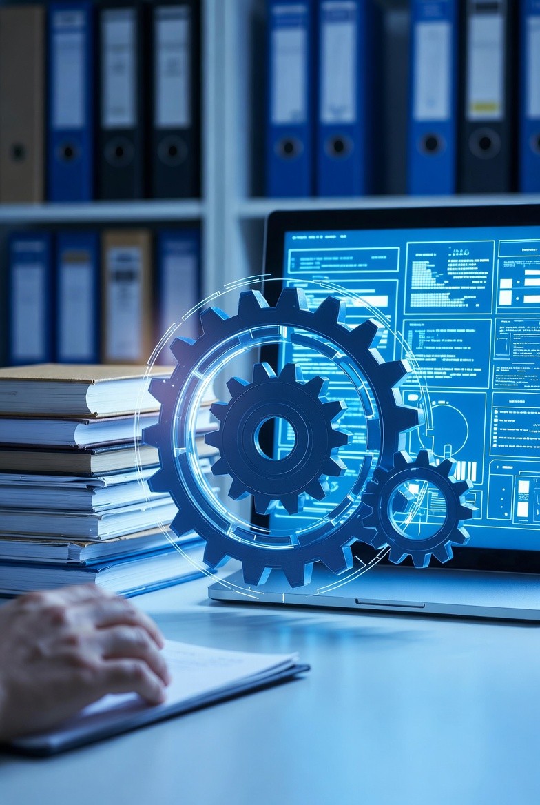Digital gears and technical blueprints on a laptop screen, representing organizational readiness for AI implementation