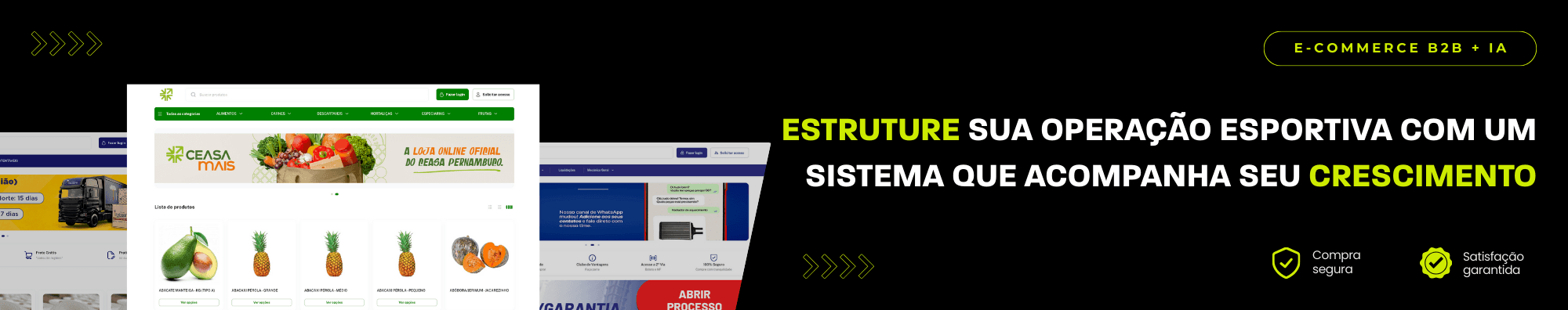 Banner horizontal com fundo escuro, ícones de segurança e satisfação, e imagens de lojas B2B exibidas à esquerda. Elementos gráficos em verde destacam o tema de e-commerce B2B com IA.