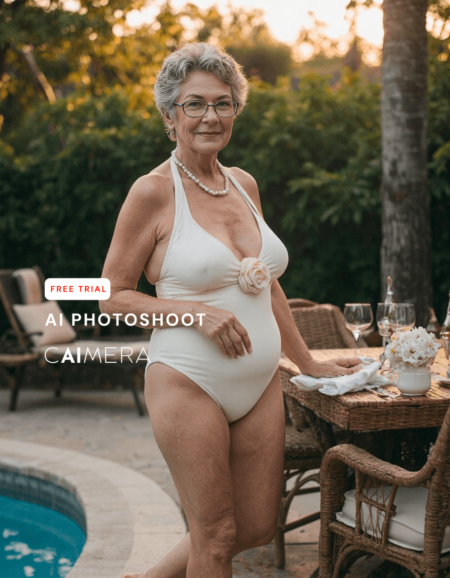 Elegant poolside portrait featuring a cream swimsuit with floral detail, pearl necklace, and wicker furniture in golden sunset light