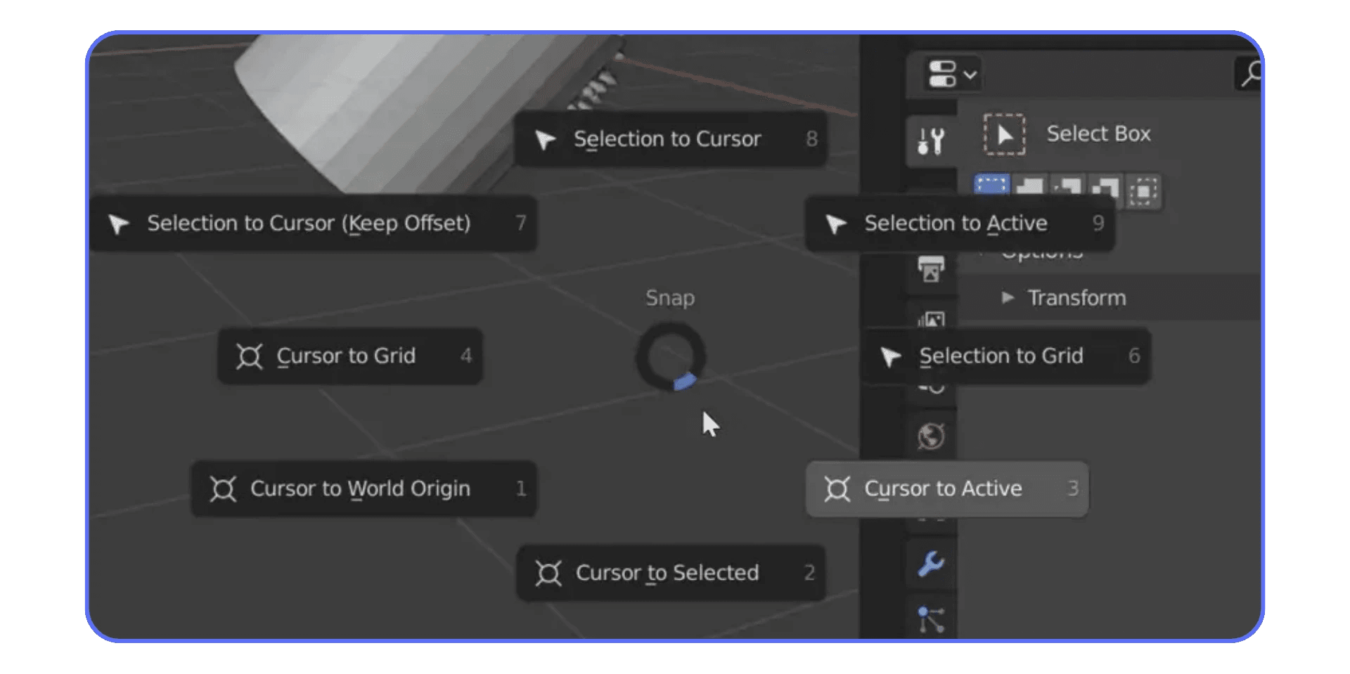 Blender Shift+S snap menu with 3D Cursor and selection options