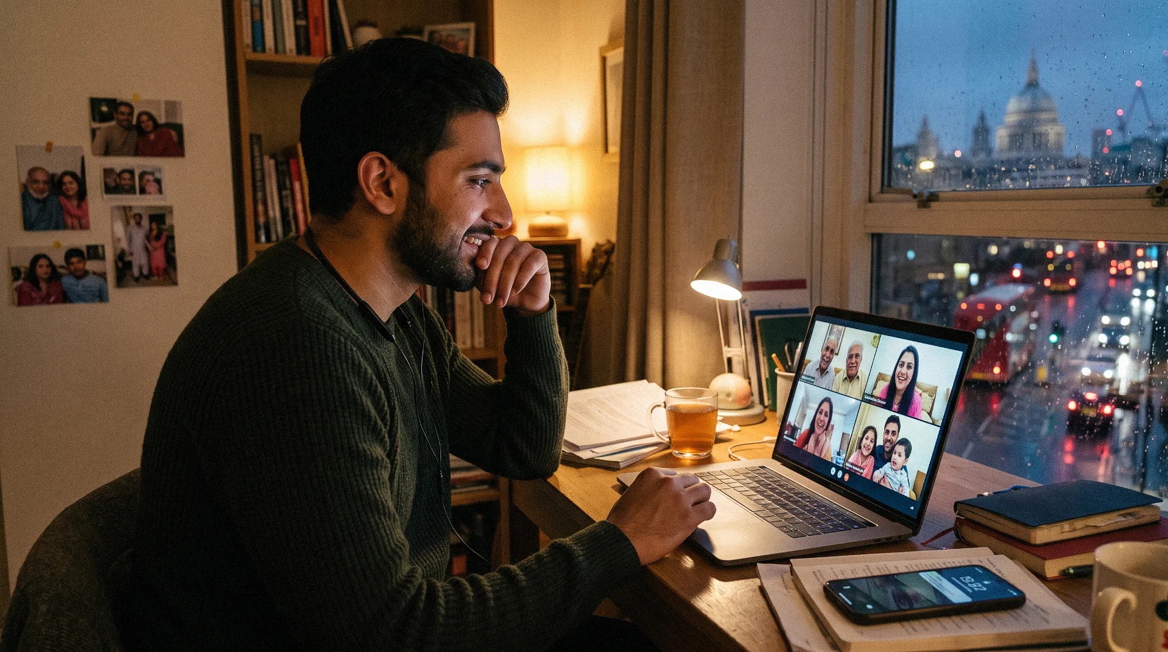 Young British Asian man in London flat video calling family abroad on laptop at night with St Paul's view - TalkTalk