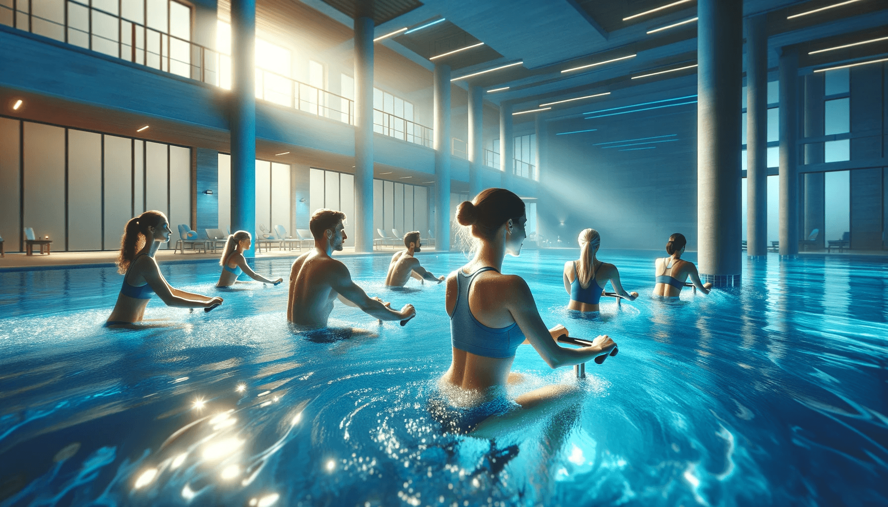 Une piscine intérieure spacieuse et accueillante avec un petit groupe de personnes diverses alignées, engagées dans des exercices de vélo aquatique sous la direction d'un coach, le tout dans un cadre illuminé par une lumière douce et apaisante bleue.