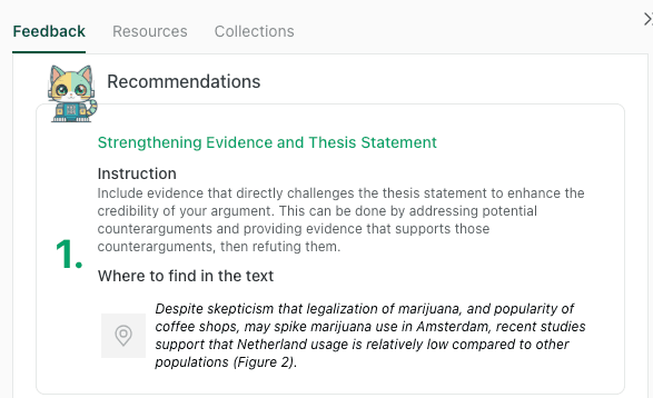 thesify recommendation to strengthen a thesis statement by including evidence that directly challenges it and refuting potential counterarguments.