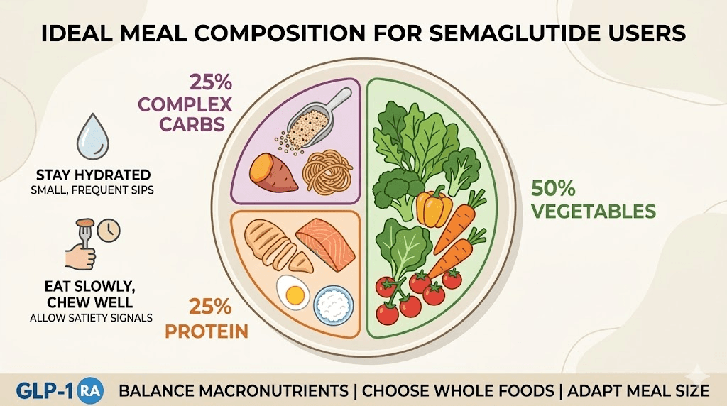 Ideal plate composition for diet on semaglutide showing protein vegetables and carbs