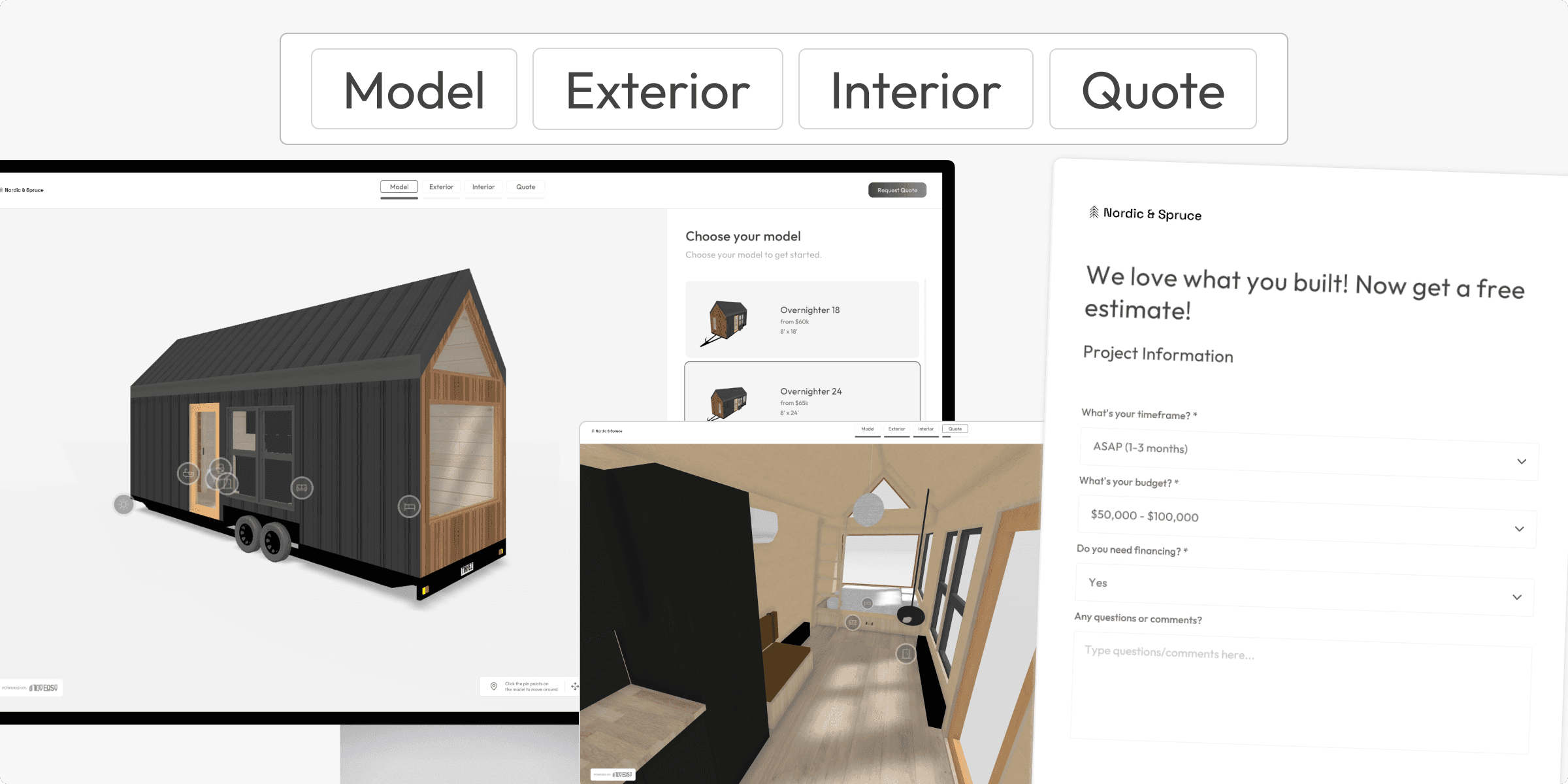 A collage of the Tiny Easy 3D product configurator and its features, including the quotation system.