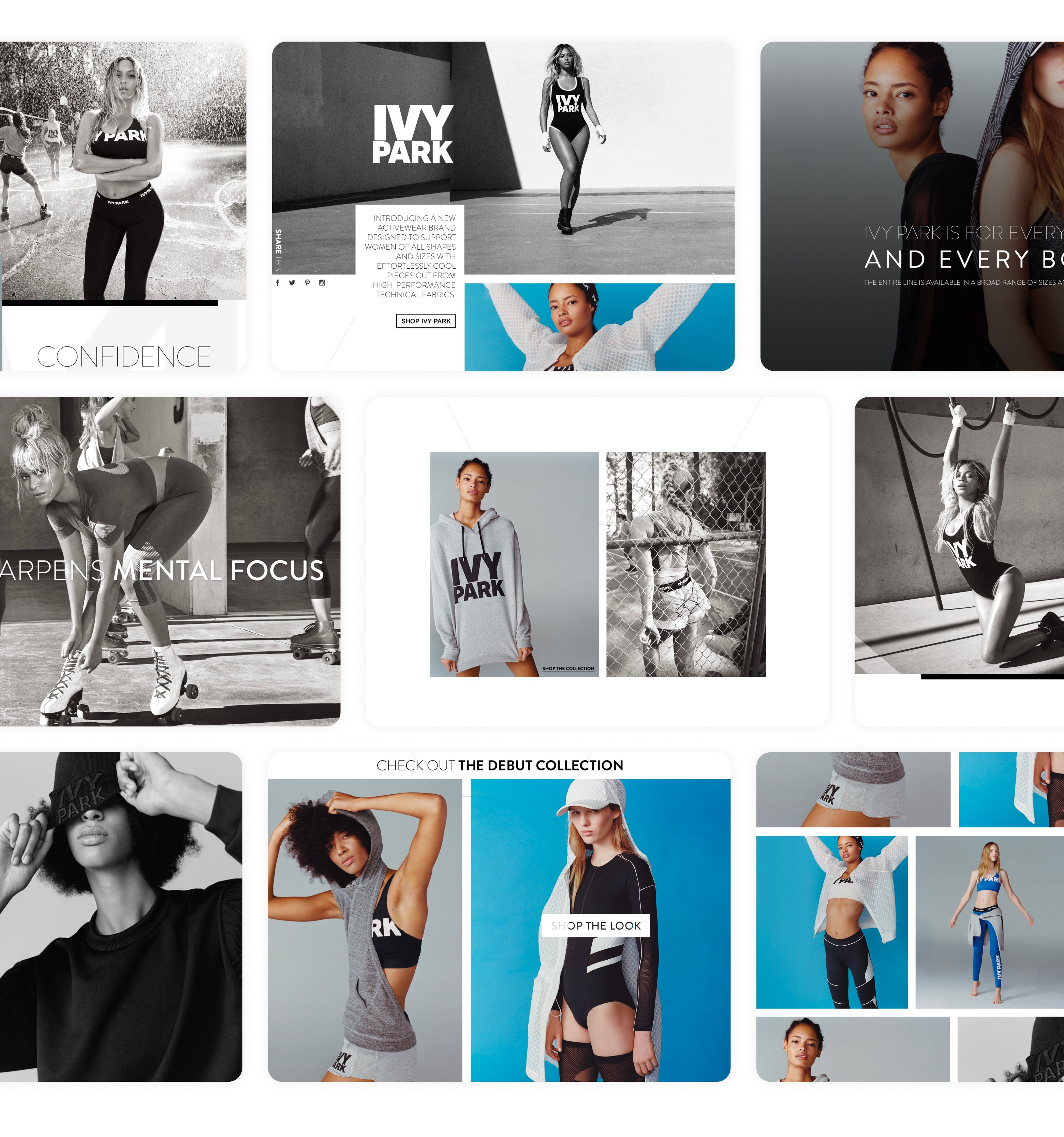 Ivy Park by Beyoncé campaign mood board showcasing activewear collection with models in athletic wear and brand imagery