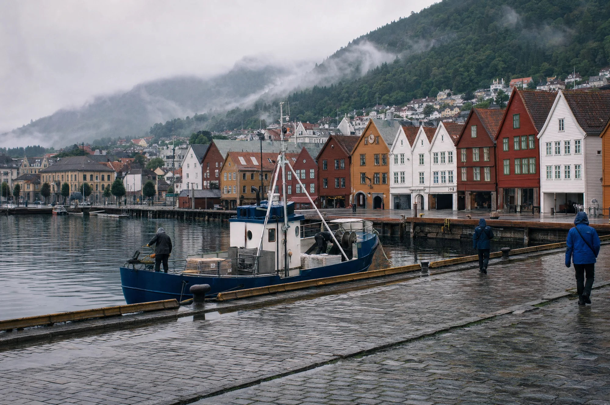 Bergen's painted wooden warehouses along the harbour on a grey morning