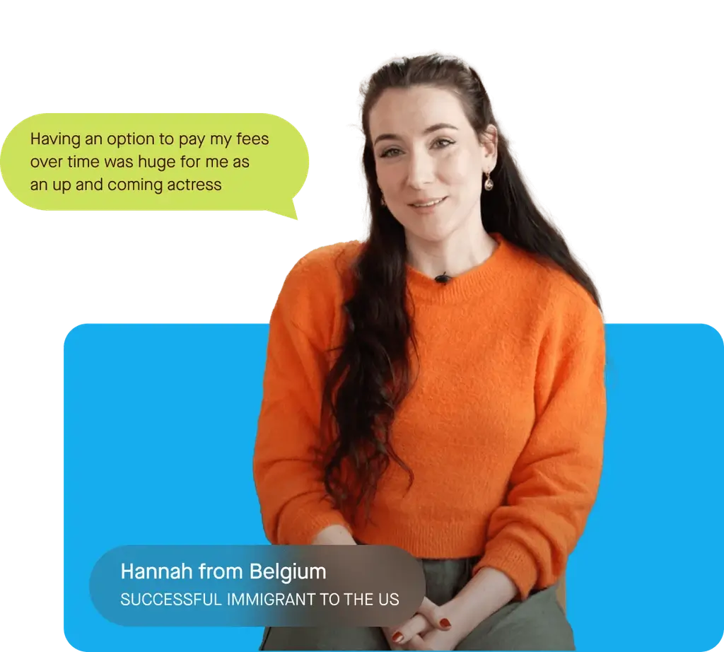Young female successful E1 visa immigrant with orange sweater and dark hair explaining that the flexible playment plan helped her pay her fees while she was becoming and actress.