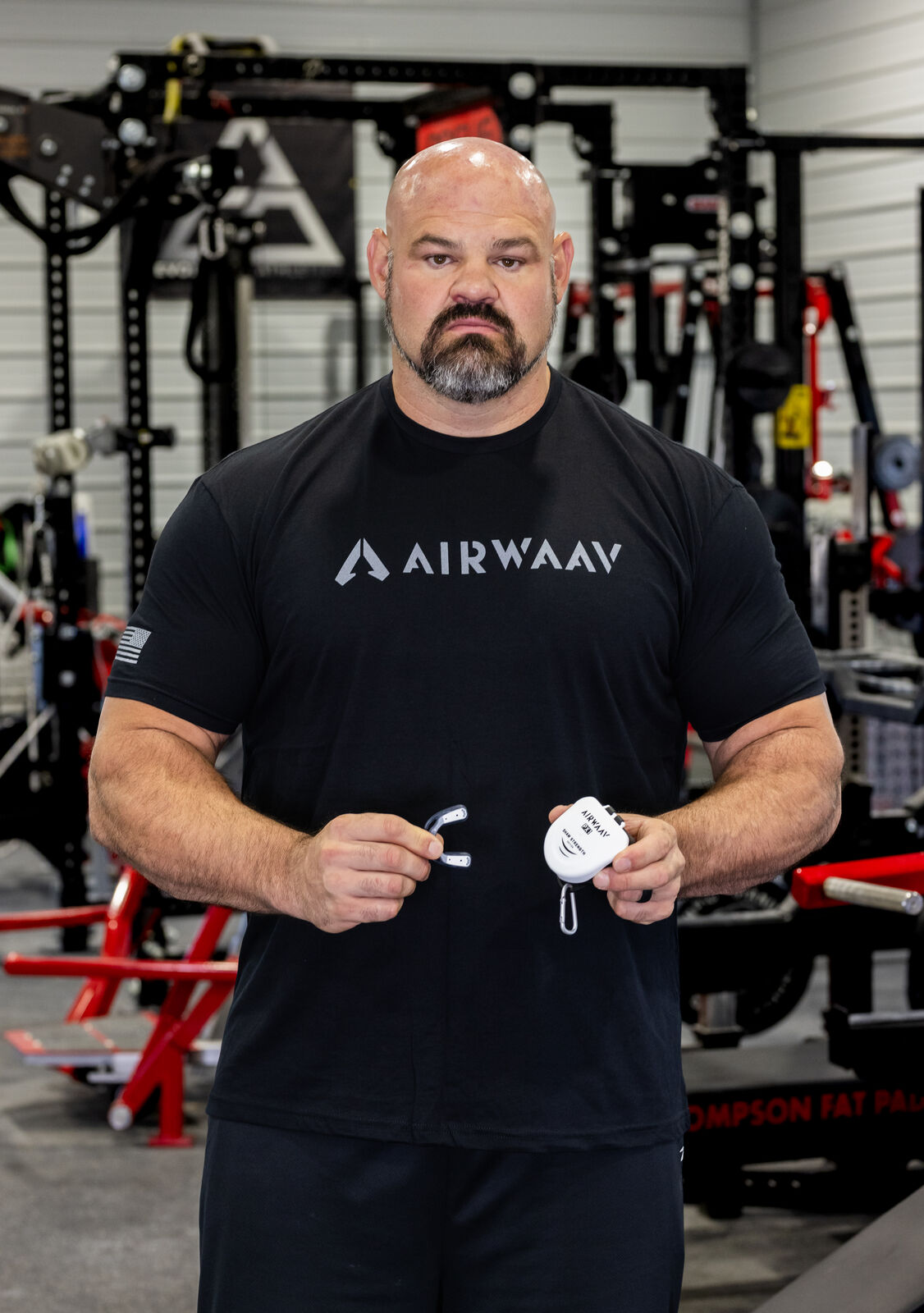 AIRWAAV shoot, Brian Shaw holding both mouthpieces