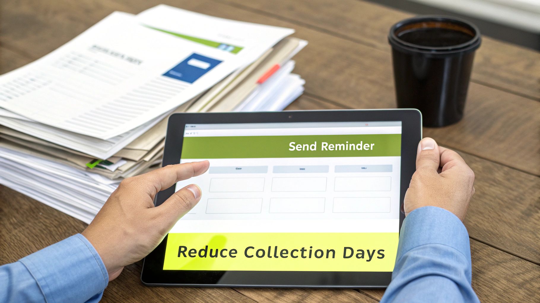 Hands using a tablet with a 'Send Reminder' interface, aiming to reduce collection days.