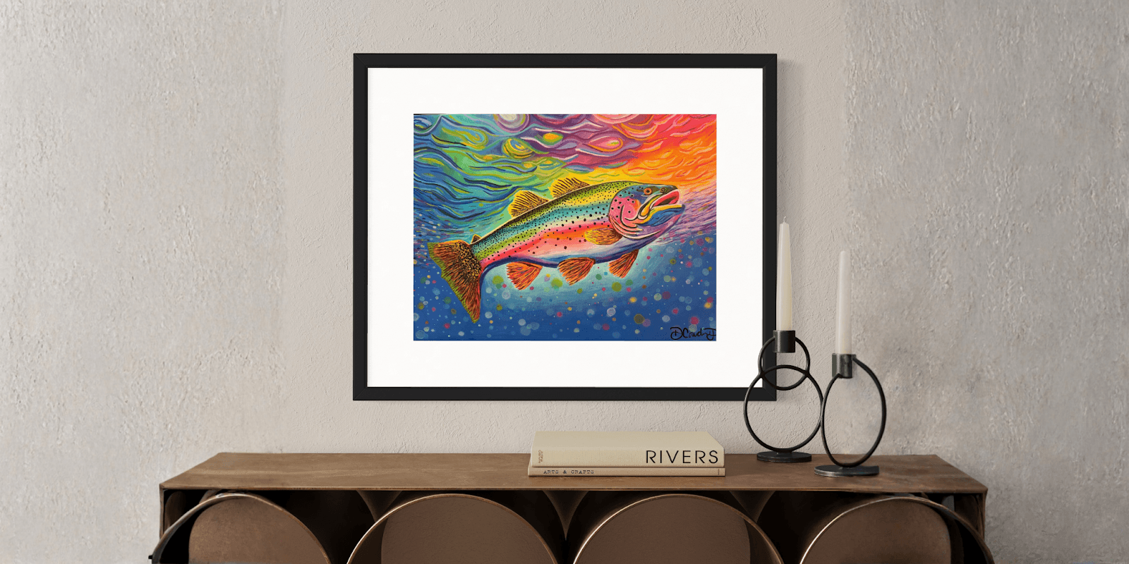 Vibrant, surreal painting of a fish swimming through a colorful, dreamlike underwater landscape by Danielle Cowdrey.