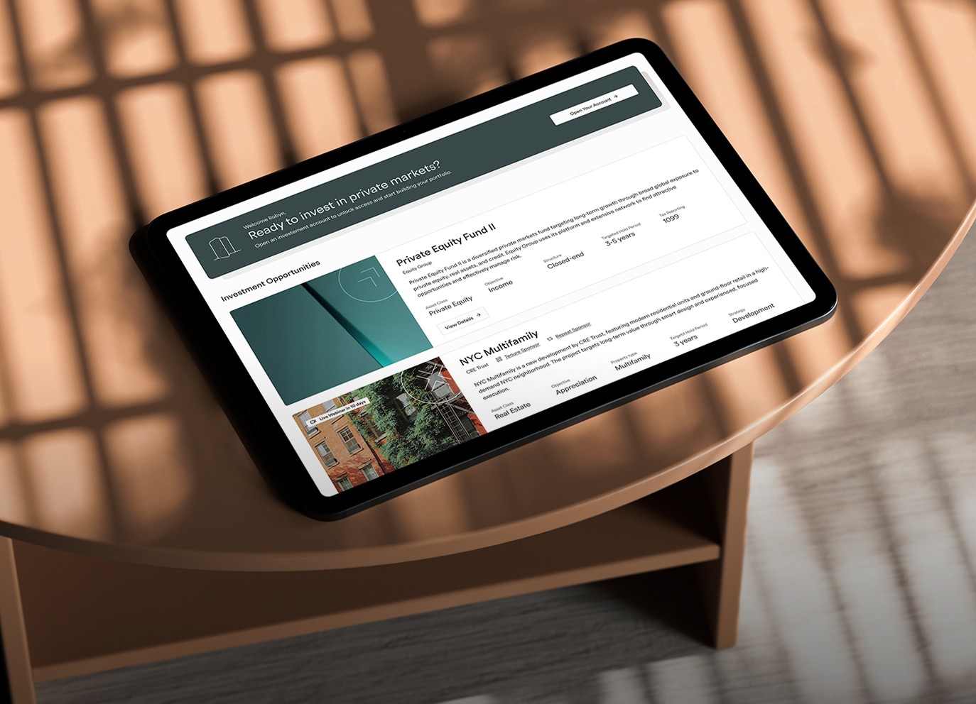 A tablet on a table that shows the Crowd Street platform