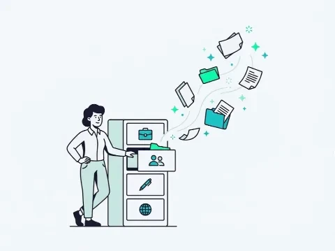 Illustration of a person opening one of four labelled filing drawers