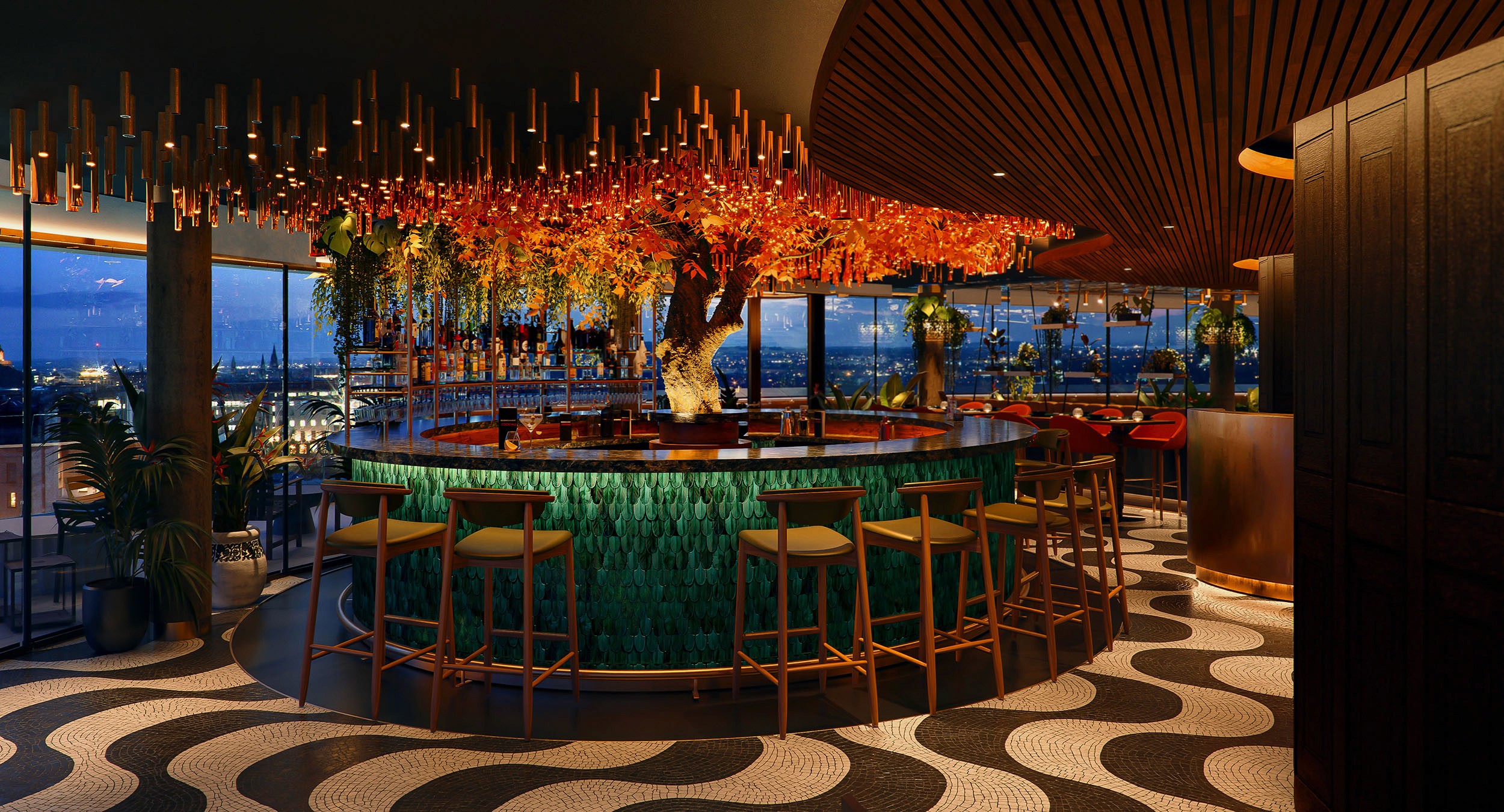 Architectural CGI render of a chic bar interior visual.