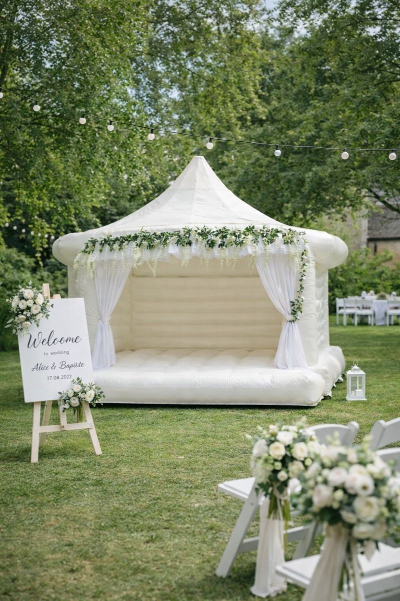 Château gonflable blanc mariage installé en extérieur dans un jardin