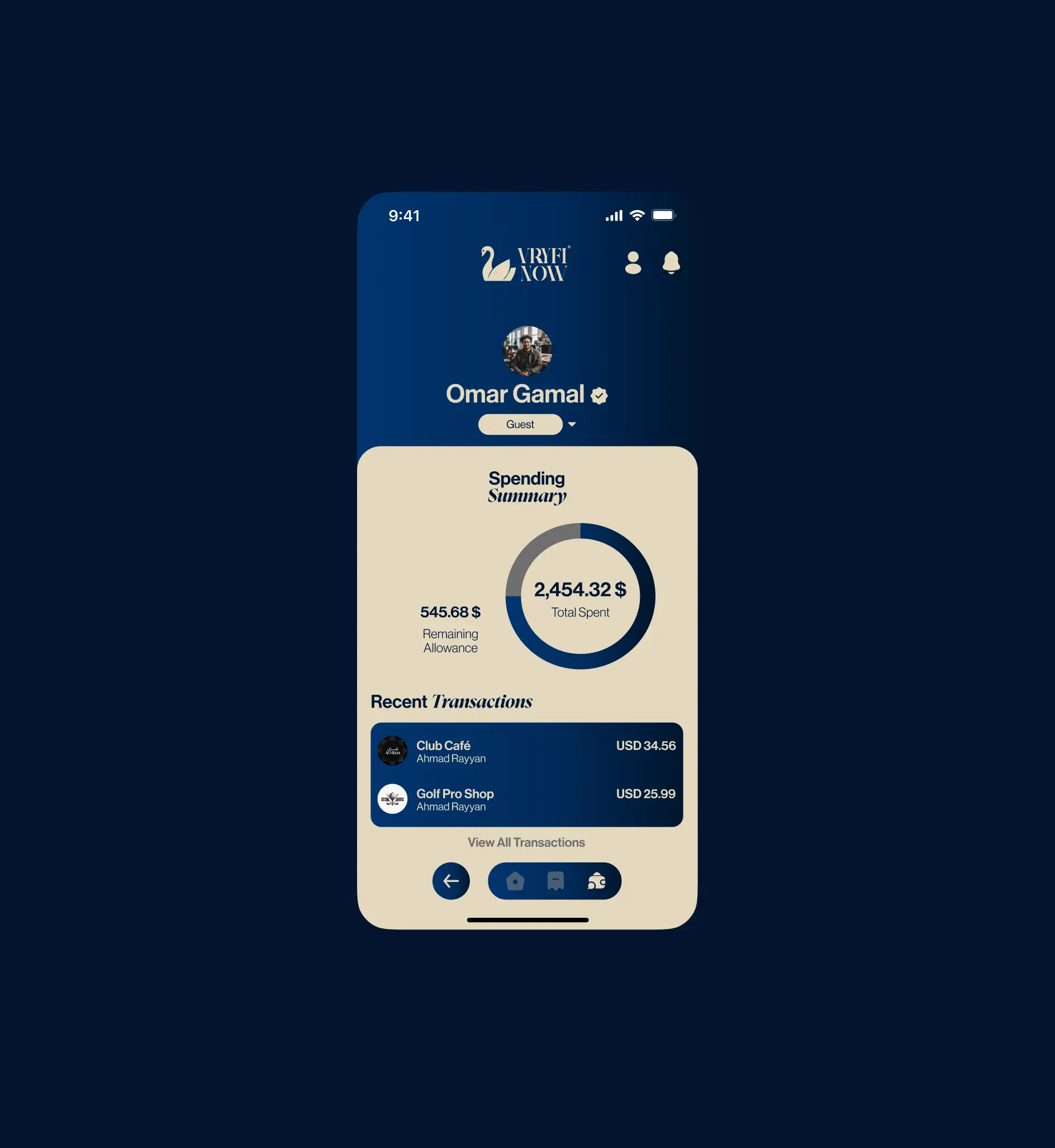 VRYFI NOW consumer app onboarding screen alongside main dashboard showing spending overview and recent transactions