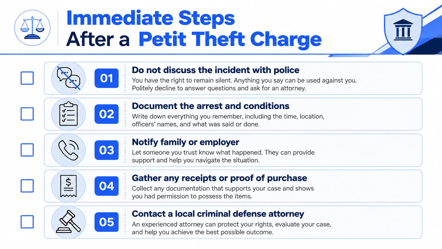 An infographic titled Immediate Steps After a Petit Theft Charge listing five actionable items to follow.