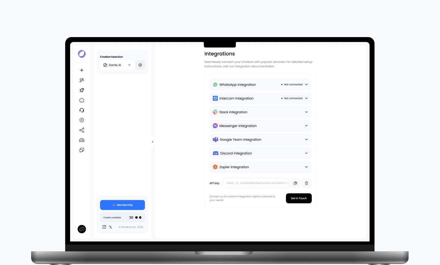 Screenshot of the integration page of Dante AI