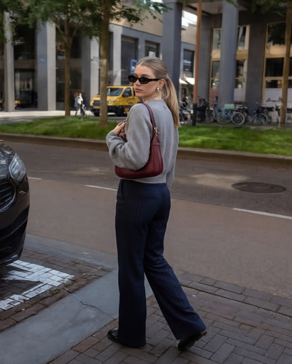 Grey Ribbed Knit with Navy Pinstripe Trousers