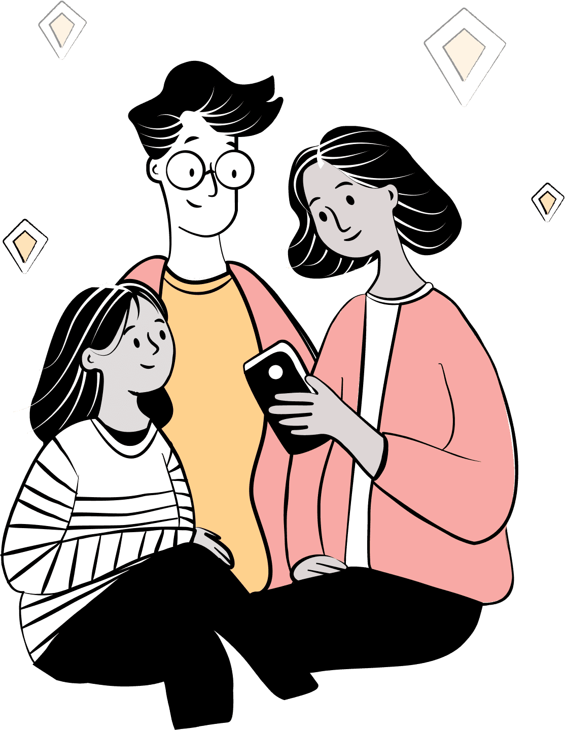 An illustration of a family of three looking calmly and happily at a smartphone together, surrounded by floating 'Silver' diamond icons that symbolize their protection from scams.