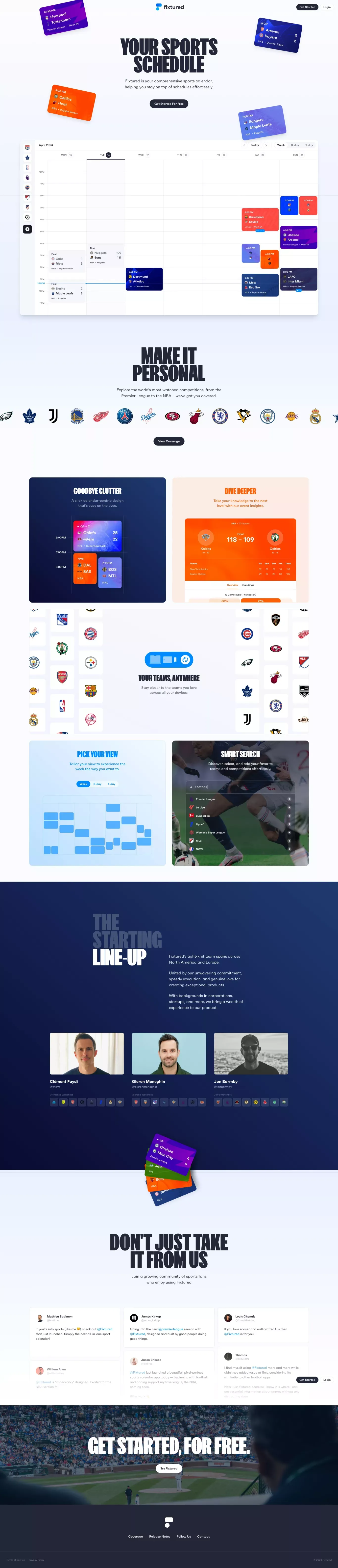 Fixtured landing page screenshot showcasing Tech and Sport design