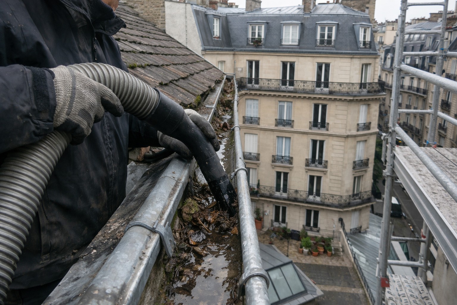 nettoyage gouttières chéneaux paris ouvrier sur toiture évacuation feuilles entretien toiture immeuble haussmannien en hauteur