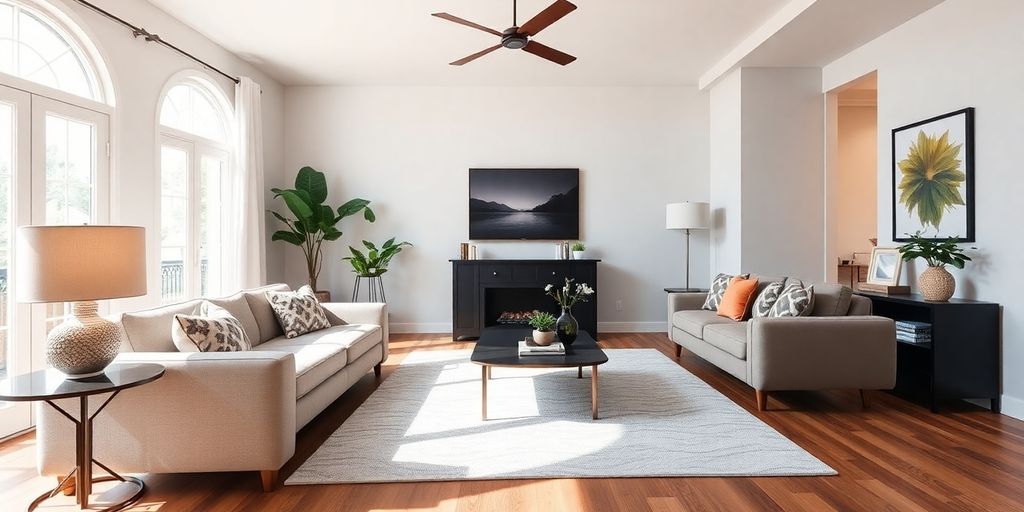 A modern, beautifully staged living room with vibrant decor.