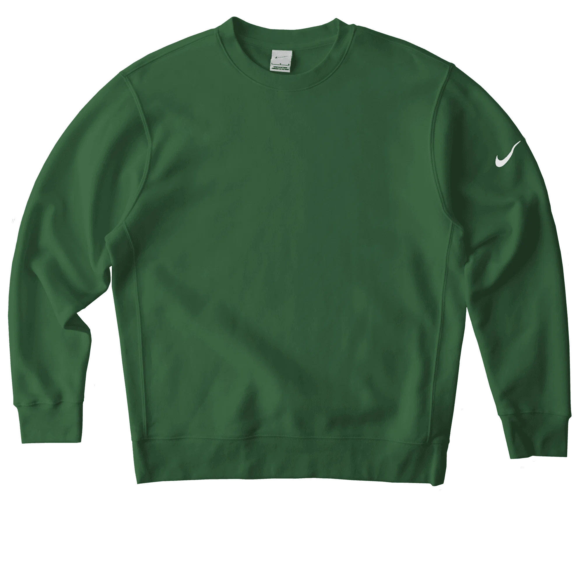 A green Nike sweatshirt is displayed flat with a small white Nike swoosh on the left sleeve, showcasing its simple, casual design.