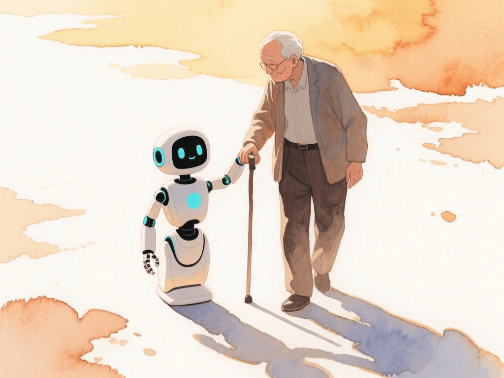 An AI robot assists an elderly person in walking.