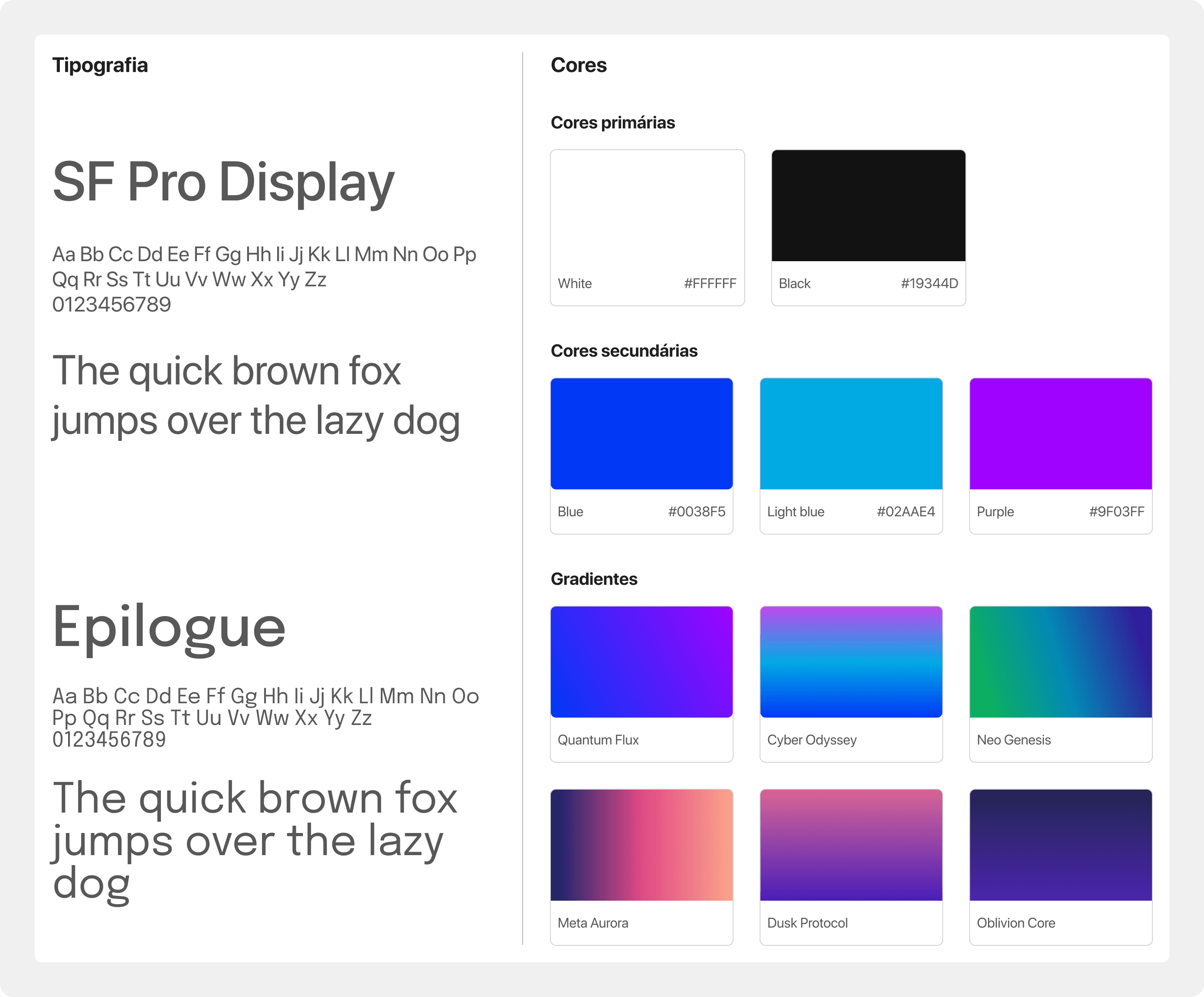 Tipografias principal e secundária e cores primárias, secundárias e gradientes utilizados no Design System