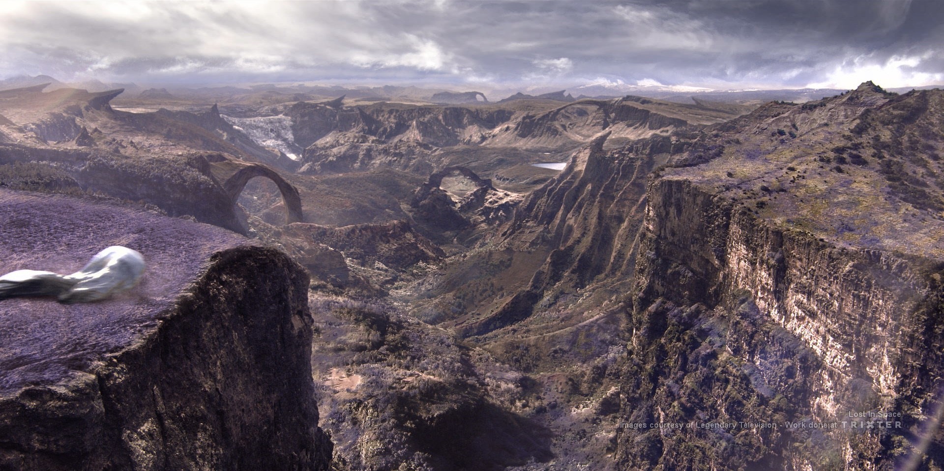 Matte Painting of an alien landscape with purple grass, by Simone De Salvatore
