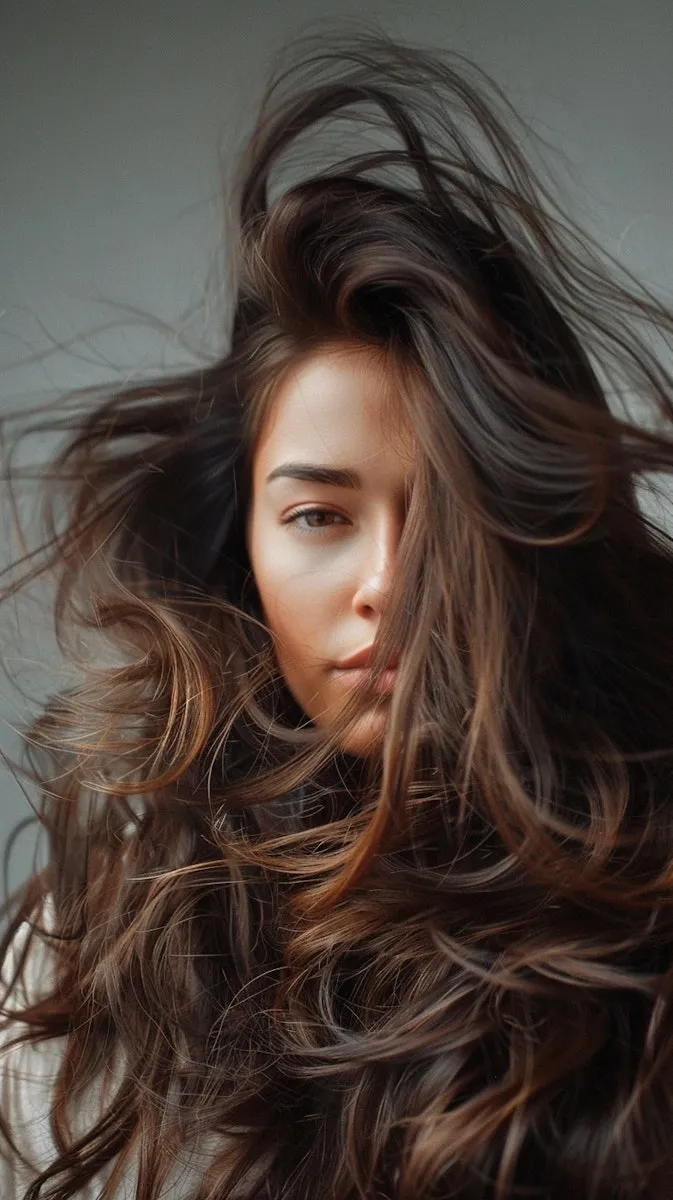 eune femme aux cheveux longs et châtains avec un brushing lisse et volumineux.