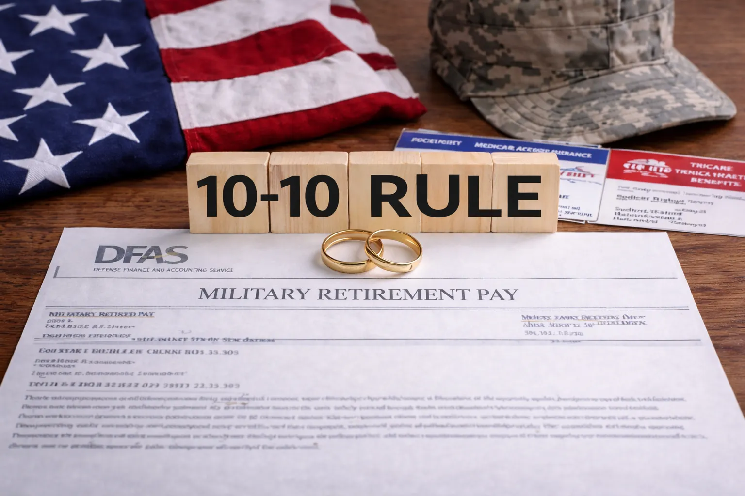 Desk scene illustrating The 10-10 Rule in a Military Divorce, with wooden blocks reading ‘10-10 RULE’ above two gold wedding rings, a DFAS Military Retirement Pay document, an American flag, a camouflage cap, and TRICARE and military ID cards in the background.