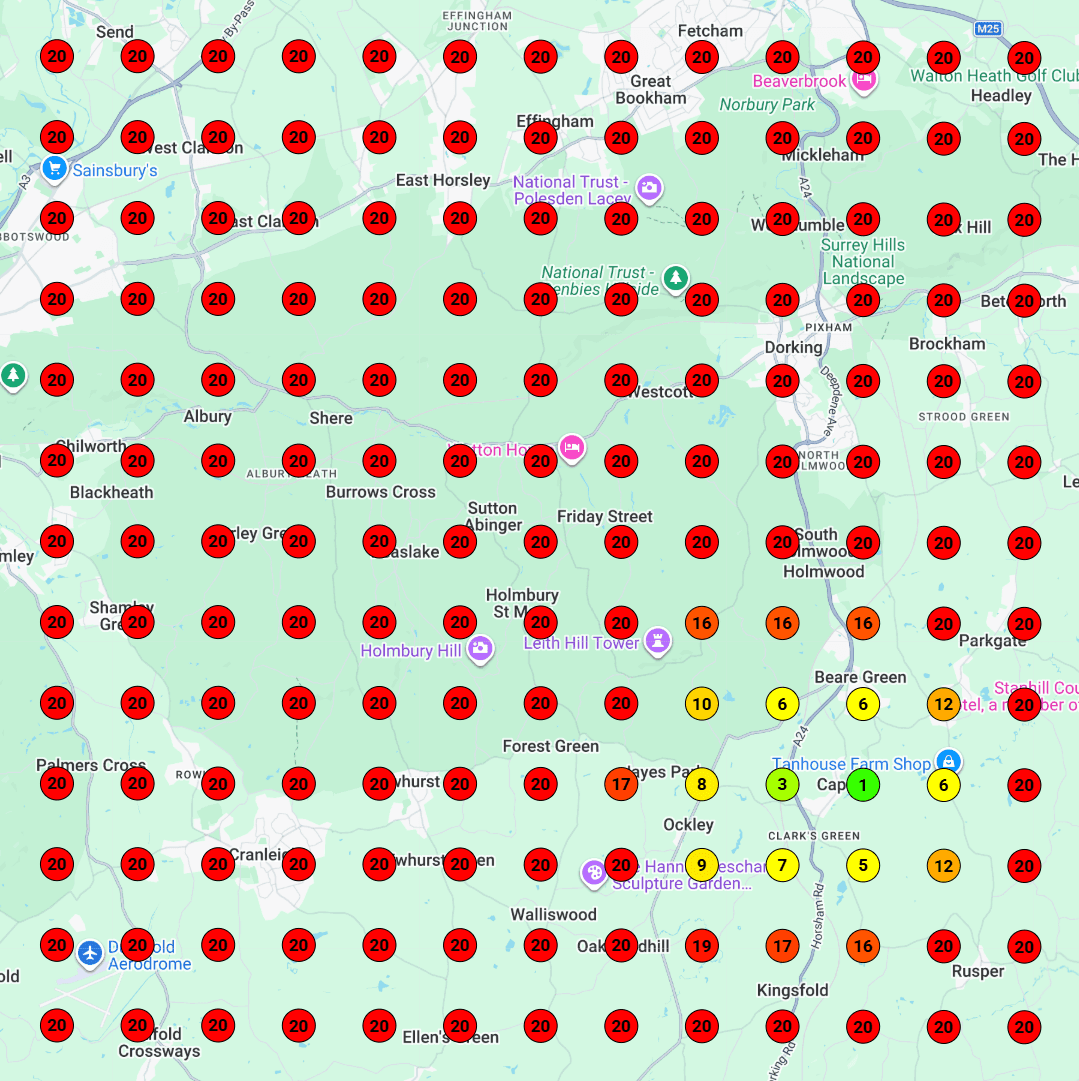 Map scan from 7 February 2026 for plumber on a 13 by 13 grid covering 373.35 km², with Clearline Group in the top 3 across 1.18% of the map