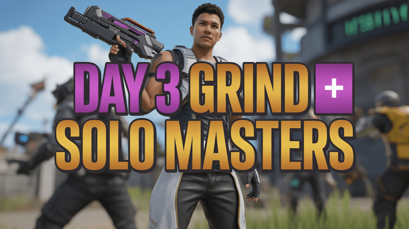 Confident Apex character with Day 3 Grind Solo Masters text over a blurred ranked fight scene