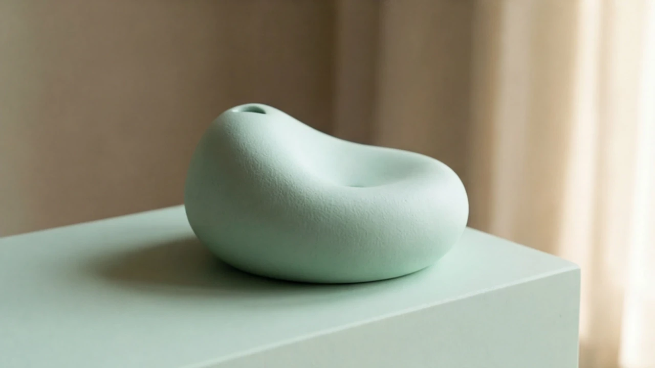 A smooth, light green pebble-shaped object with a central indentation resting on a matching green block.