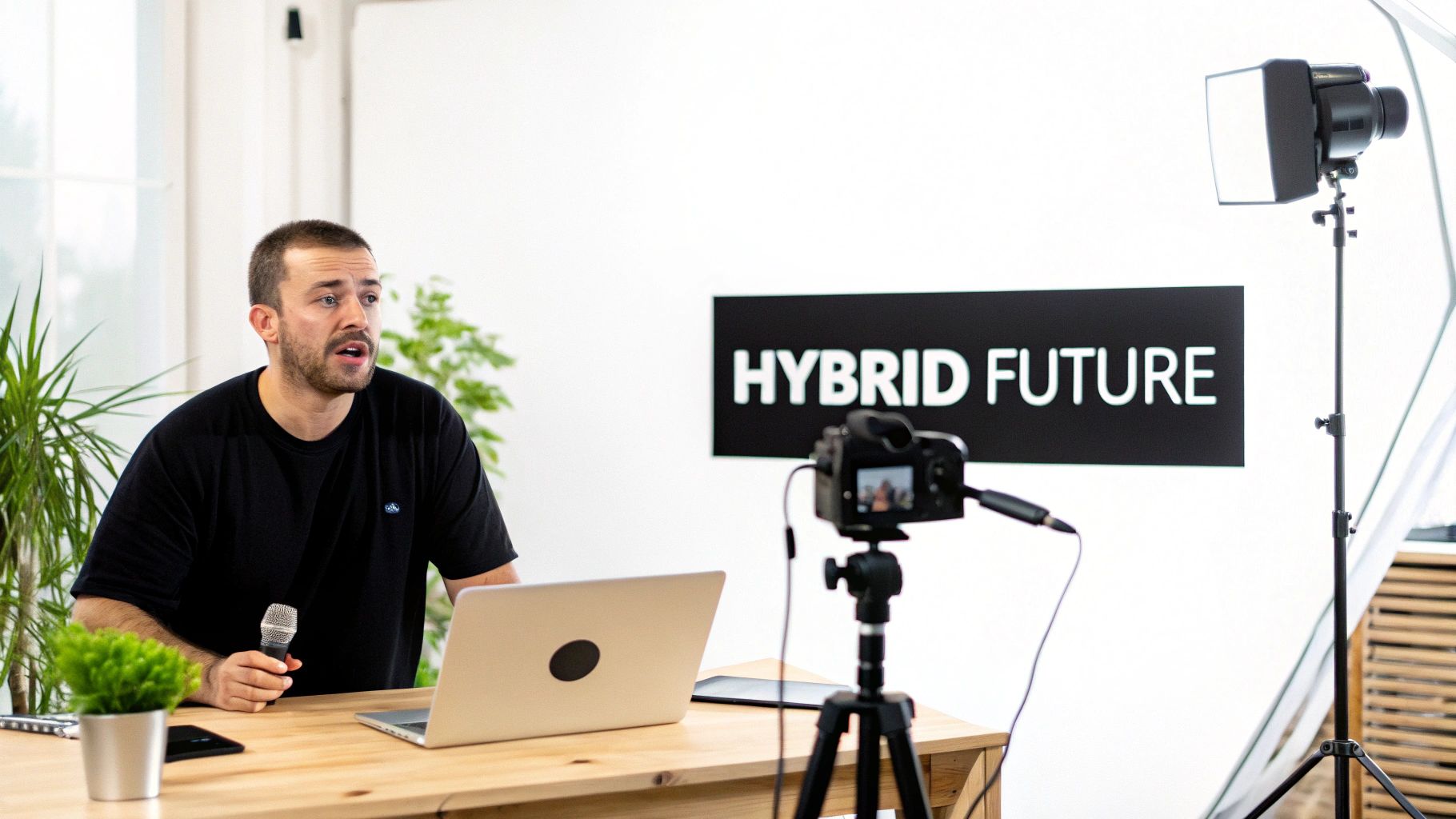 A man speaks into a microphone, filmed by a camera in a studio with a 'HYBRID FUTURE' sign.