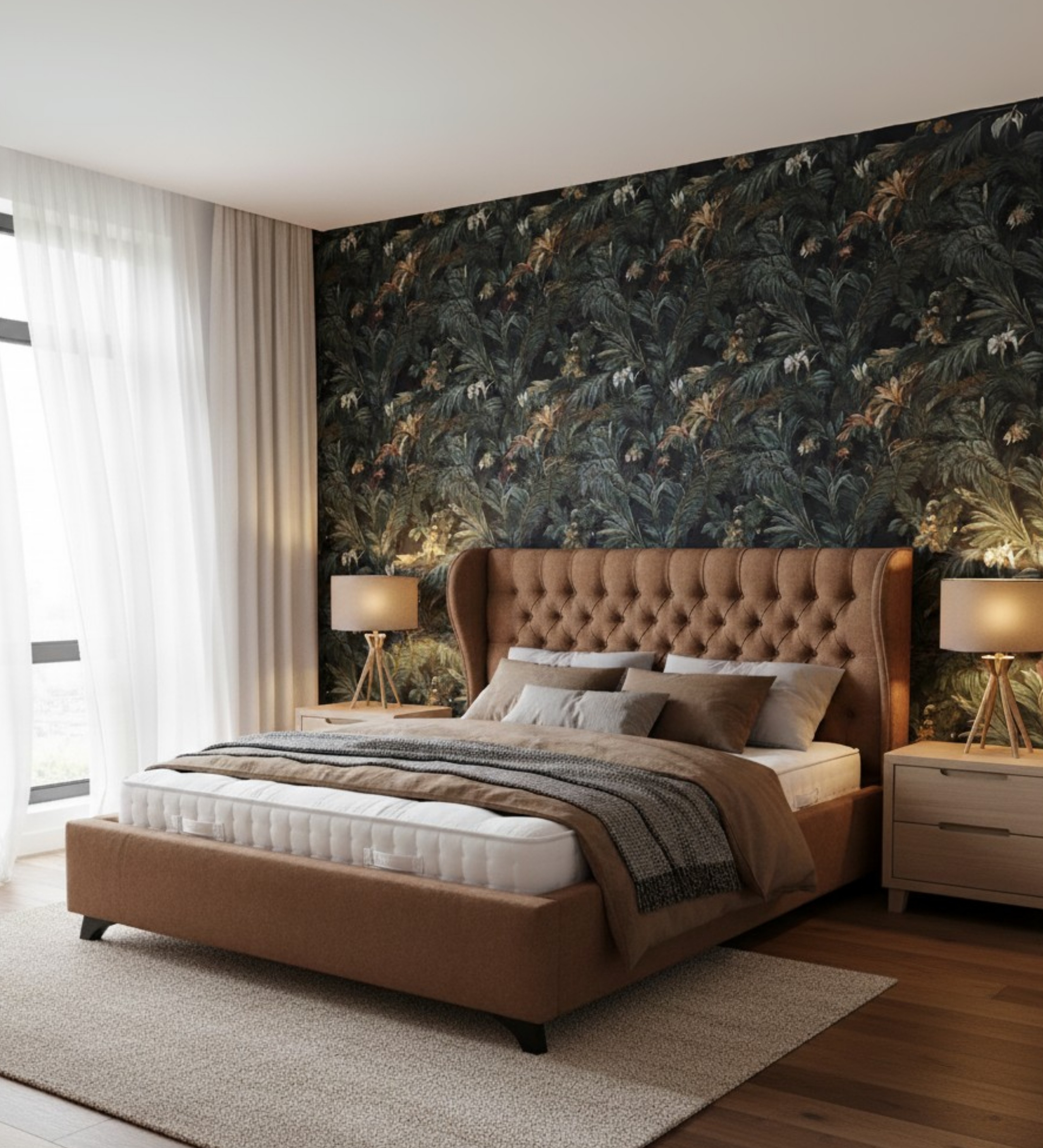 A dark‑toned sectional sofa styled in a modern lounge interior