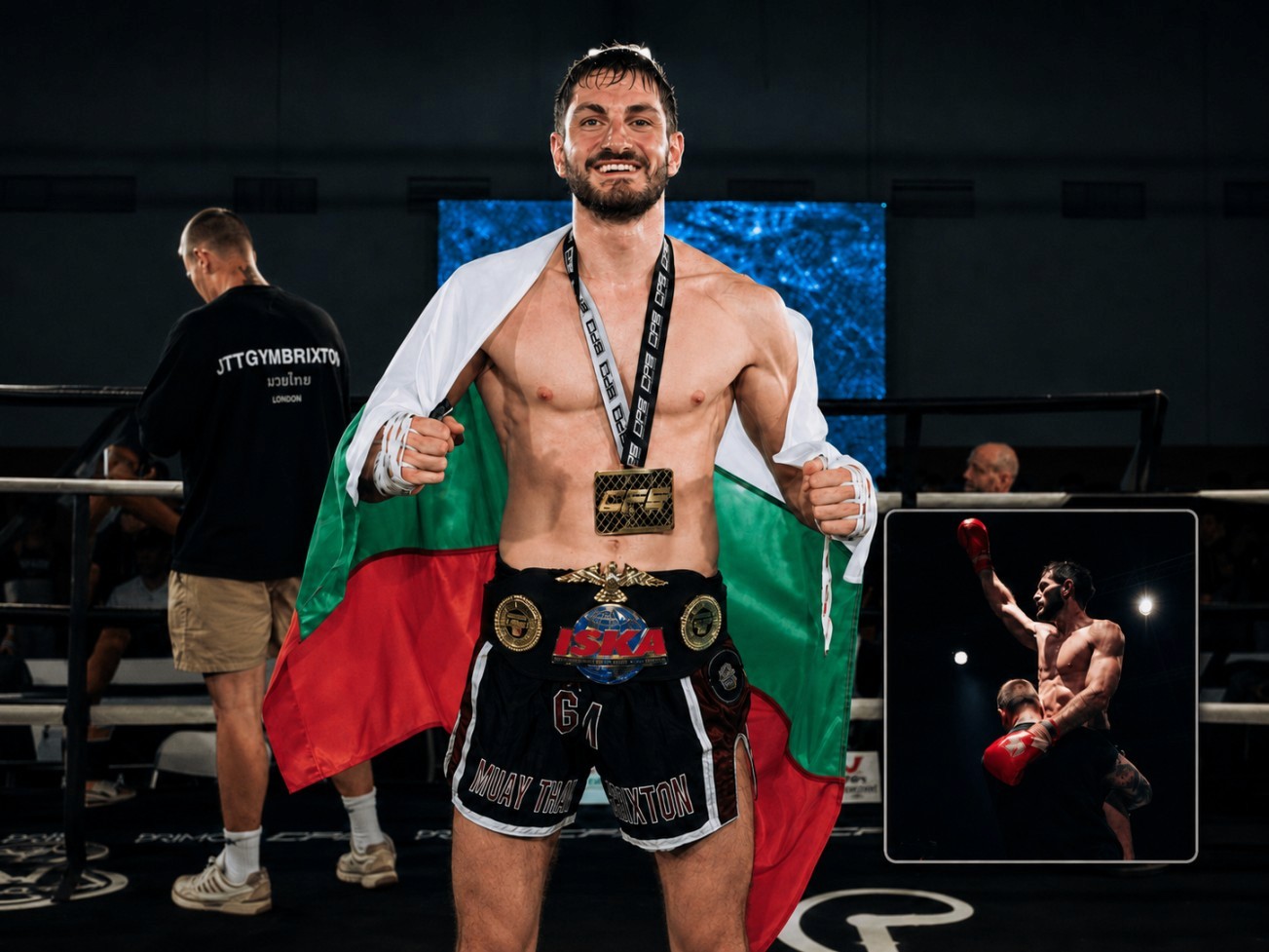 Filip Stoyanov, ISKA British champion, celebrating after a fight