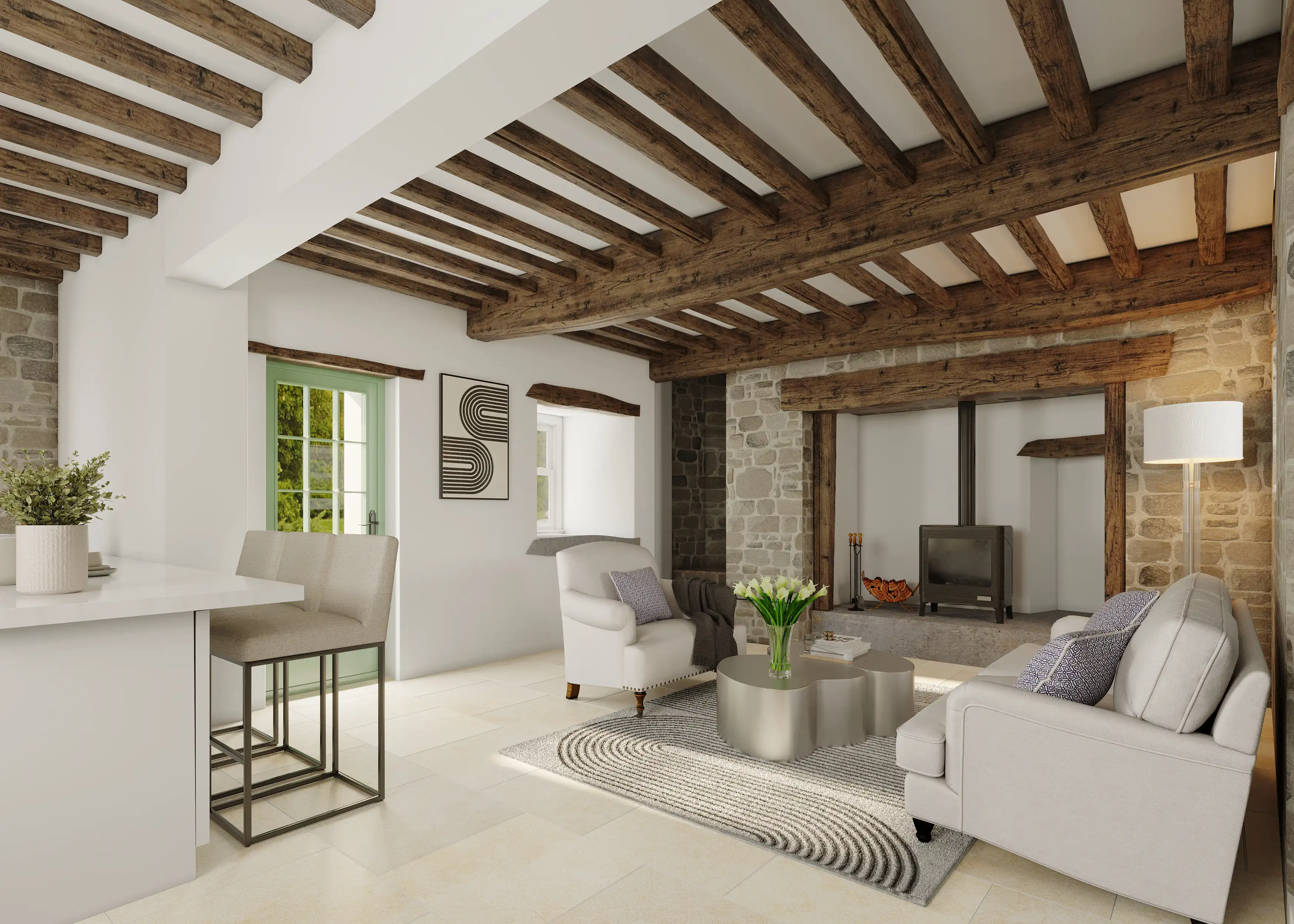 A green butterfly rests on a flower.