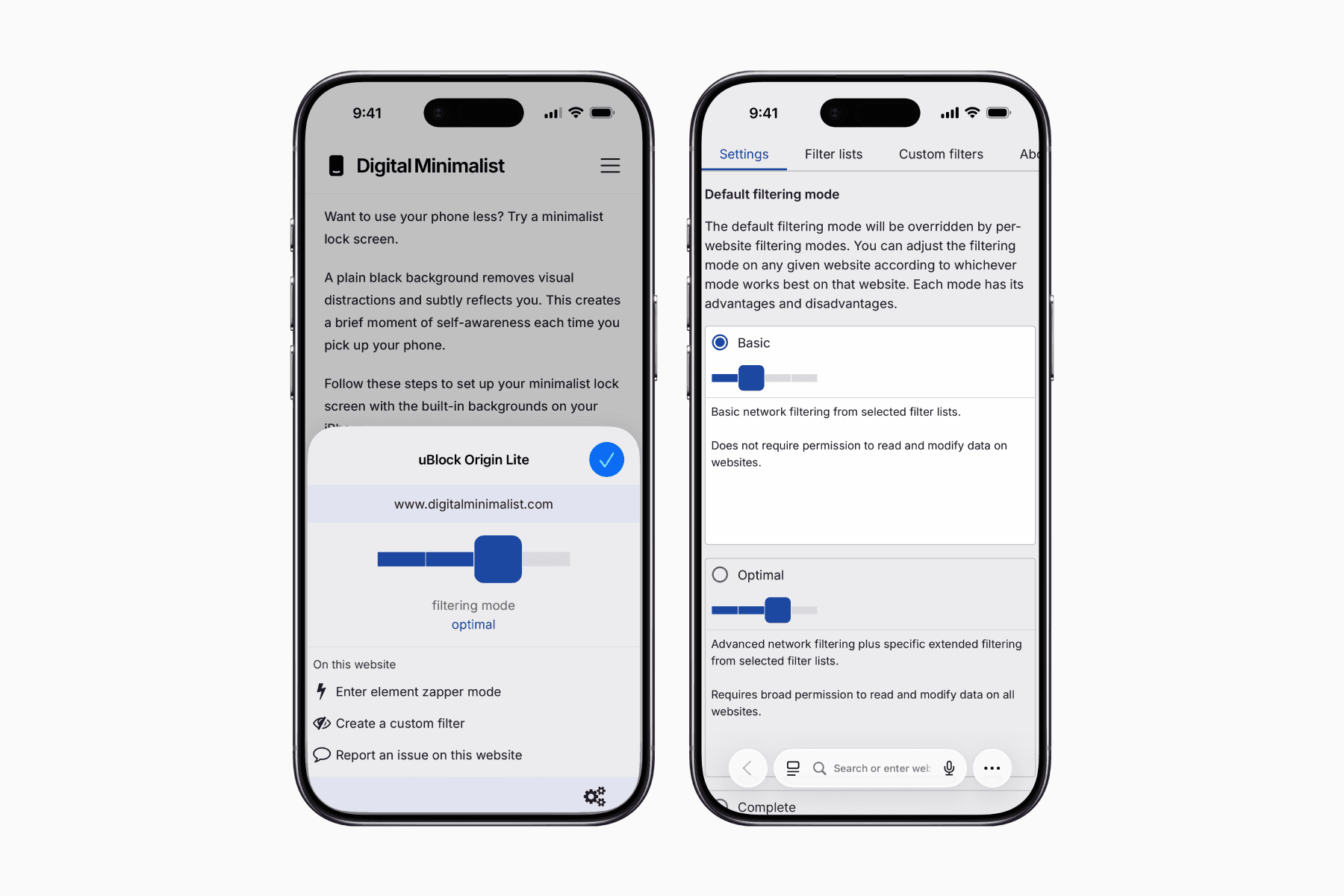 2 iPhone screens showing the uBlock Origin Lite extension on the Safari browser