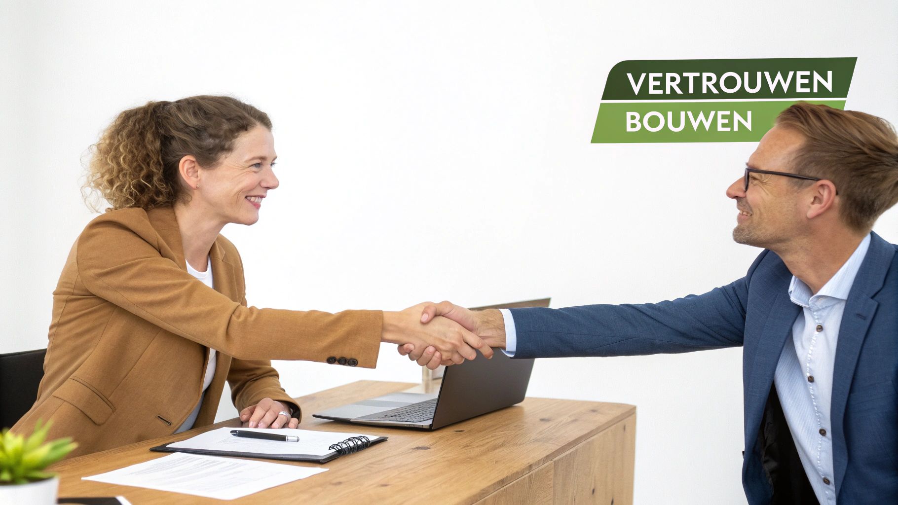 Twee zakelijke professionals schudden elkaar de hand aan een bureau, glimlachend, met de tekst 'Vertrouwen Bouwen' op de achtergrond.