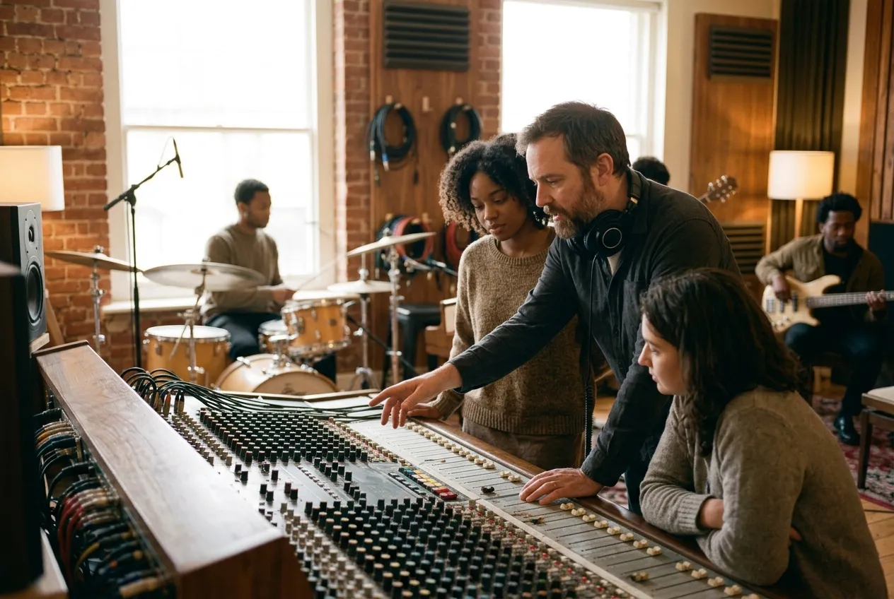 Visitors around the console at an open studio day