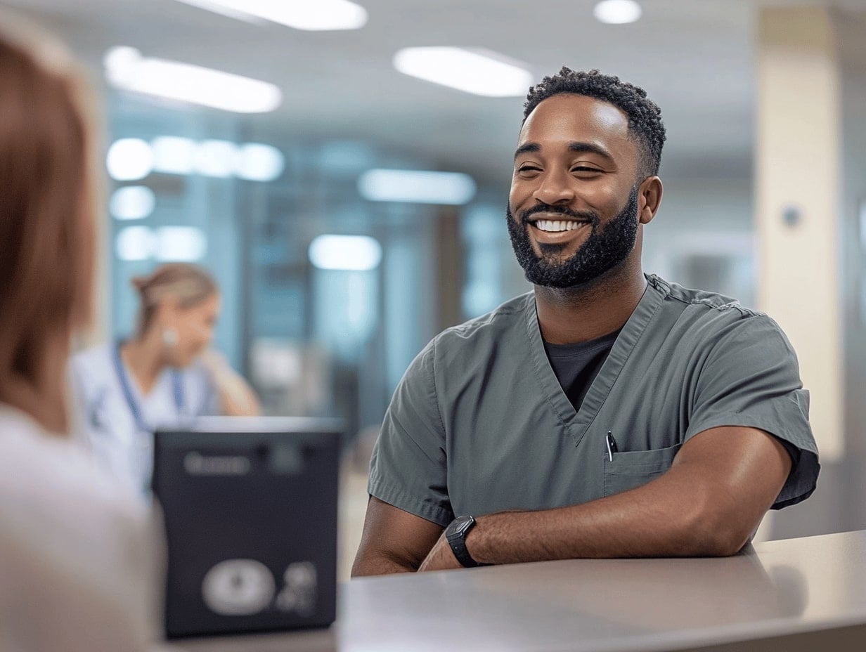 Black male nurse at desk in clinic