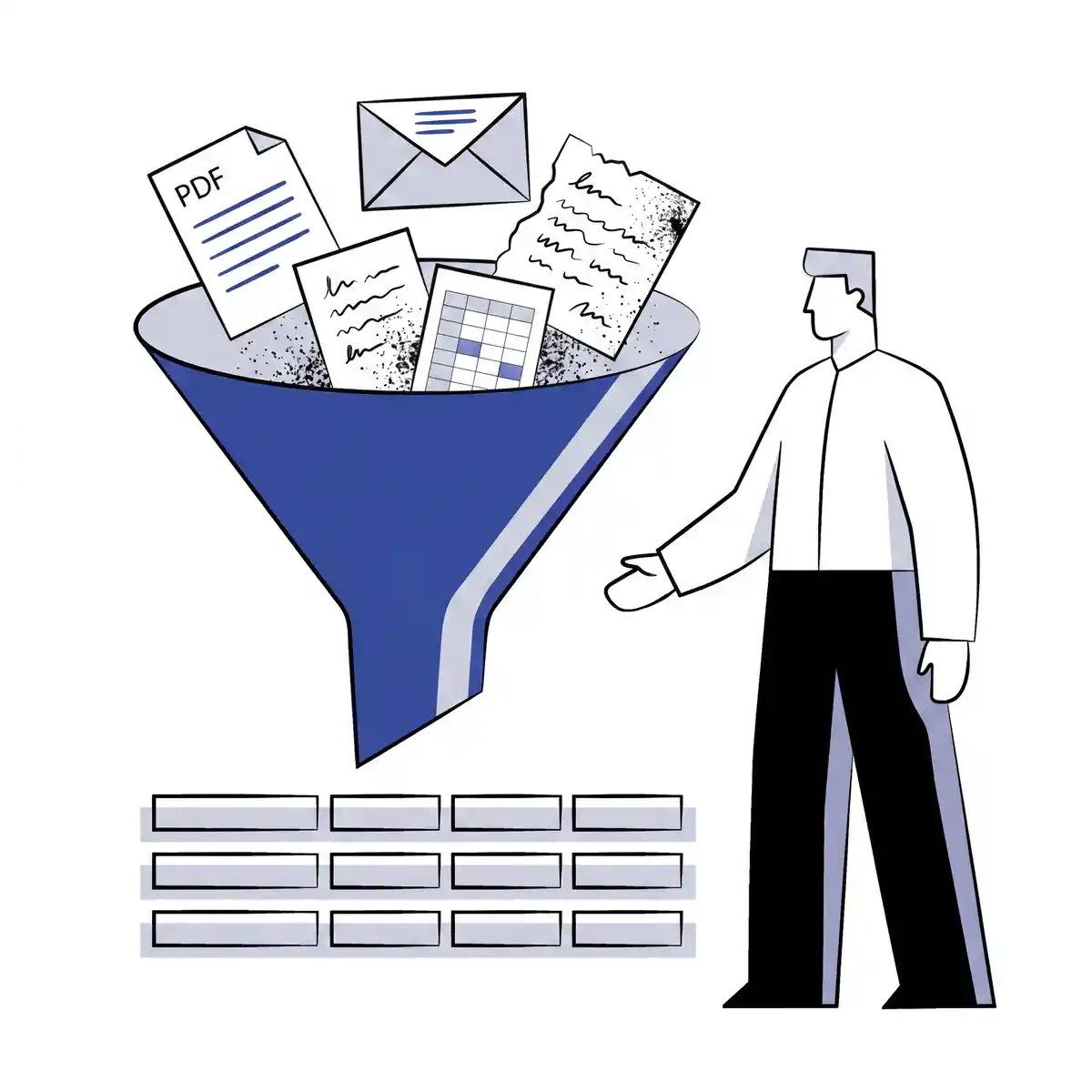 Mixed-format guest documents — a PDF page, a sealed envelope, a torn handwritten note and a small spreadsheet — drop into a brand-blue funnel and emerge below as a clean structured grid of guest data rows; a figure stands beside the funnel, gesturing toward the structured output.
